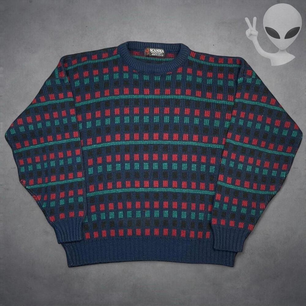 Vtg Scandia Sweater Mens Large Made in USA Geometric 90s Knit Retro Navy Red